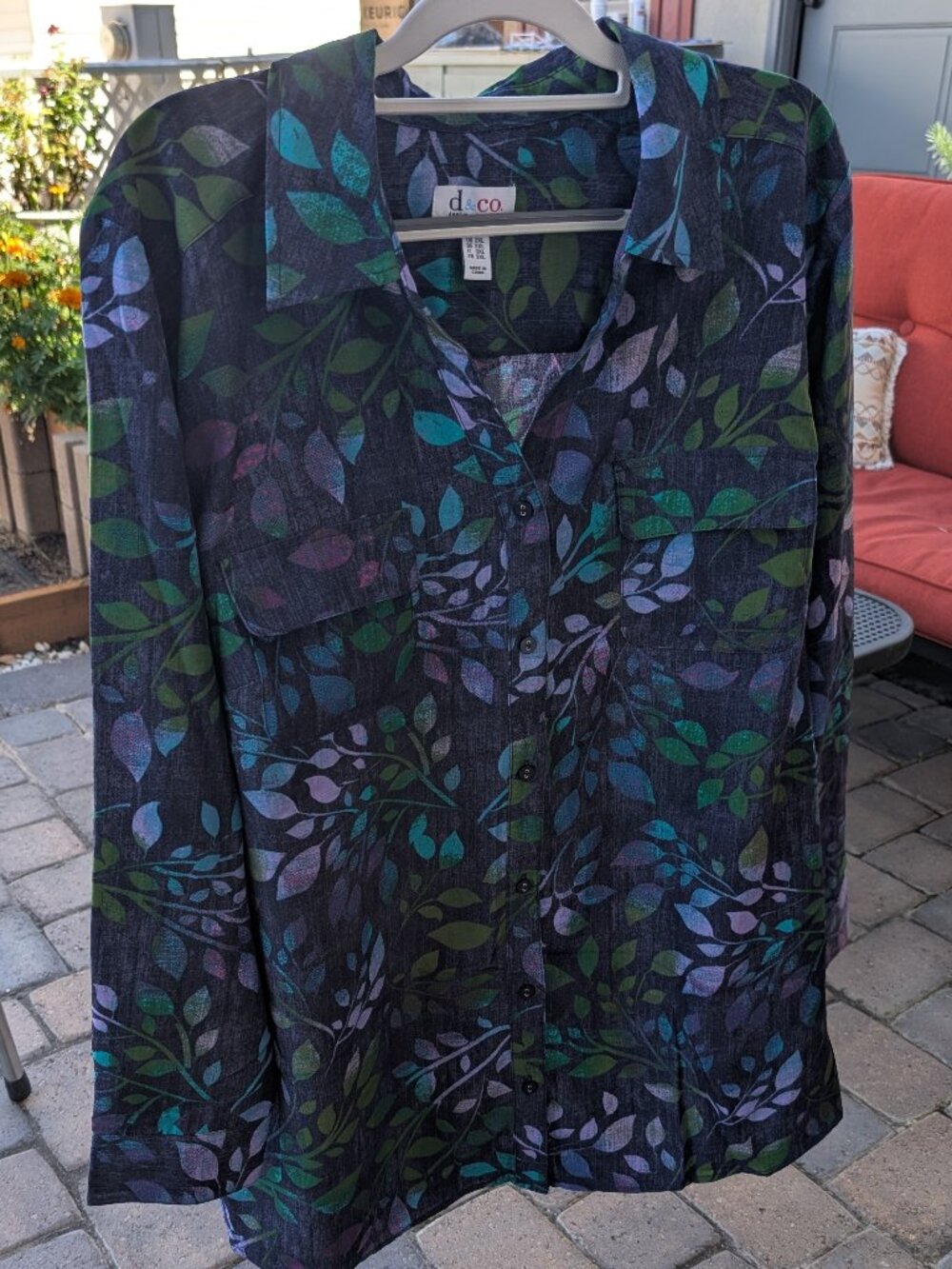 Denim & Co Printed Woven Button Front Roll Tab Sleeve Tunic-Navy 2X
